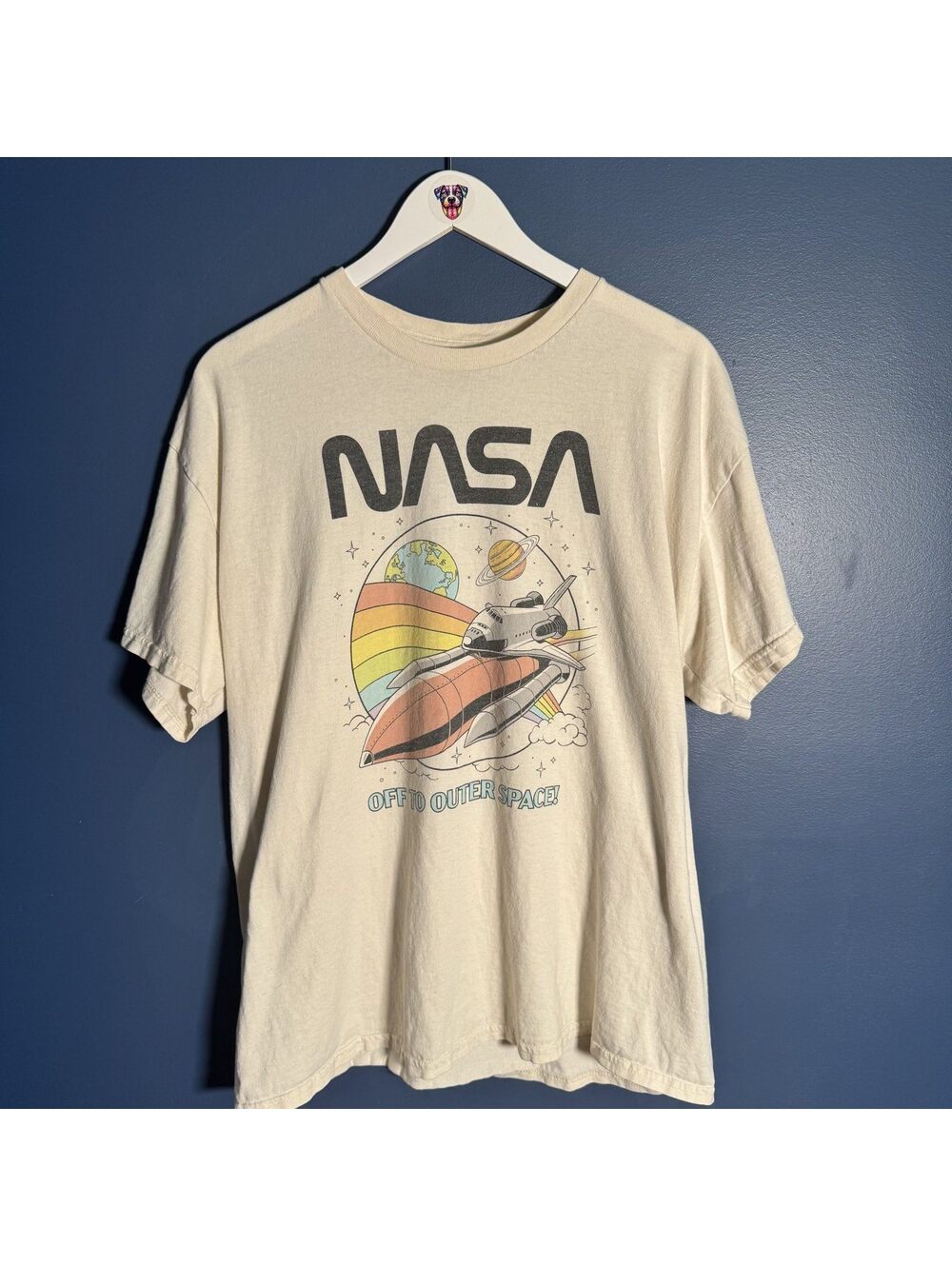 NASA Off To Outer Space Pastel Graphic Tee Cream Size L Vinyl Icons